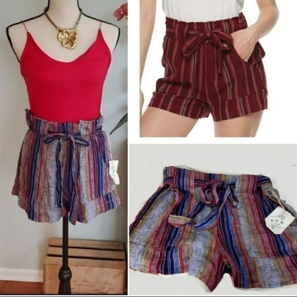 Indigo Rein Linen Blend Striped Paper Bag High Waisted Shorts - Picture 5 of 6